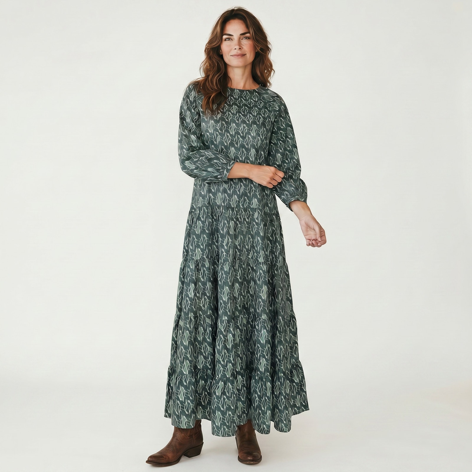 Billy Reid X Gibson | Nwt | M | Green Pelican Pattern Tiered Prairie Dress